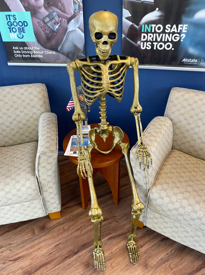 A full skeleton standing between two office chairs beneath safe-driving posters